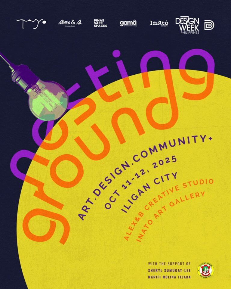 a hanging light bulb above orange text and event details for design week philippines in iligan city.