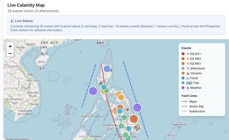 a map of the philippines on the smart disaster risk portal shows event markers for floods, earthquakes, and storms.