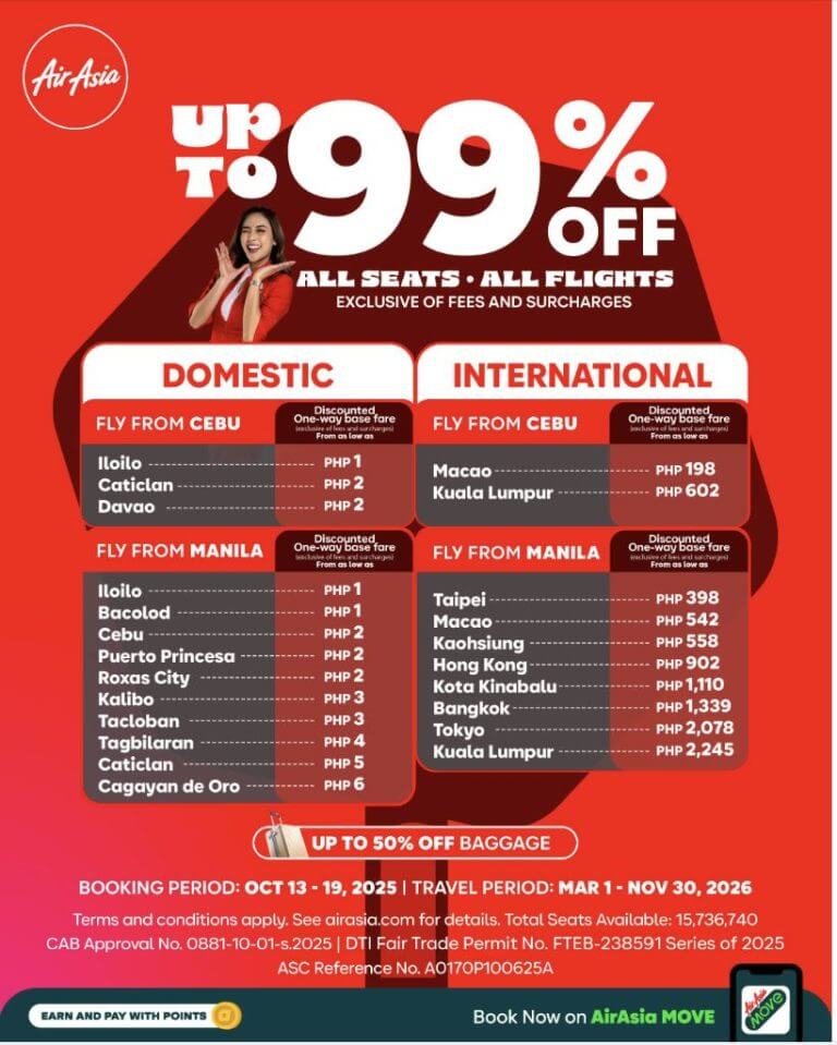 airasia promo: up to 99% off domestic and international flights, booking oct 13–19, 2025, terms apply.