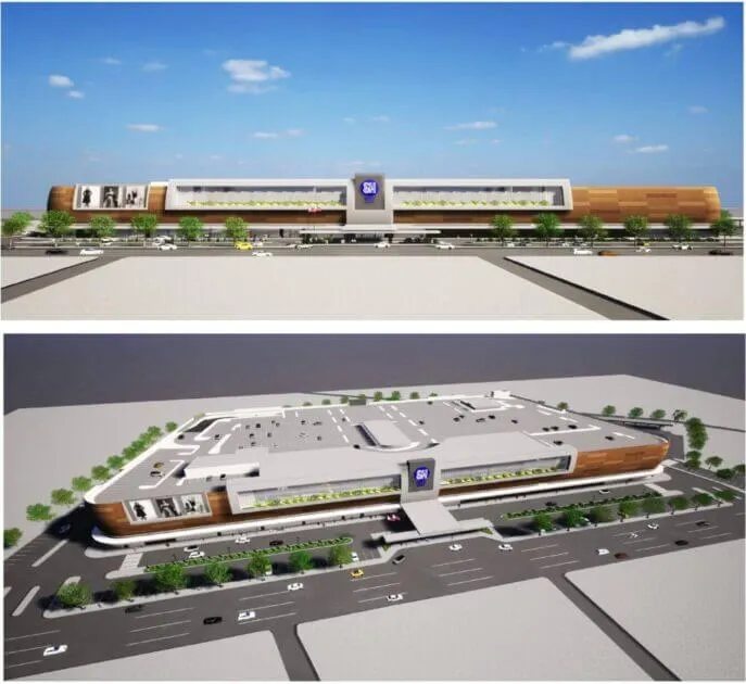 two views of sm city iligan mall in northern mindanao, with wood accents, large windows, and retail spaces.