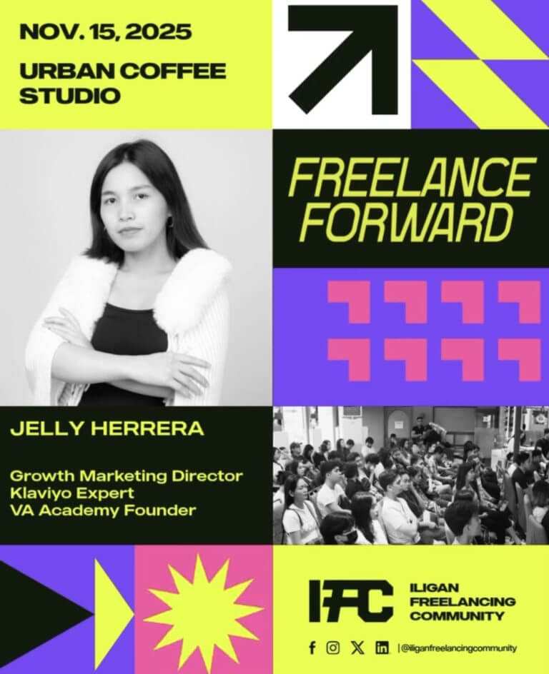 promotional poster for “freelance forward” iligan event with jelly herrera and audience, held nov. 15, 2025.