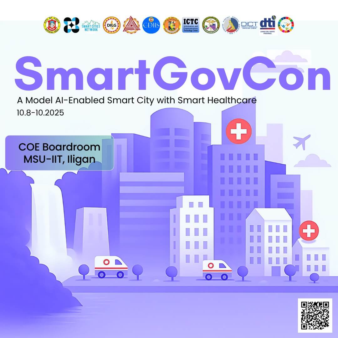 illustration of a smart city with ambulances, hospitals, and event details for smartgovcon at msu iit, iligan.