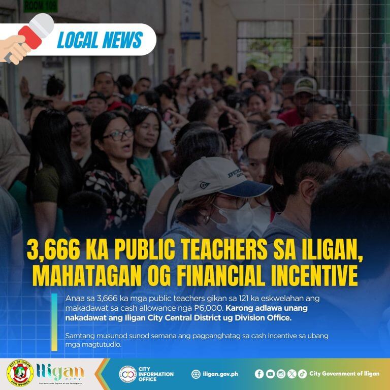iligan teachers line up for ₱6,000 grant incentive, highlighted by bold yellow headline text in front.