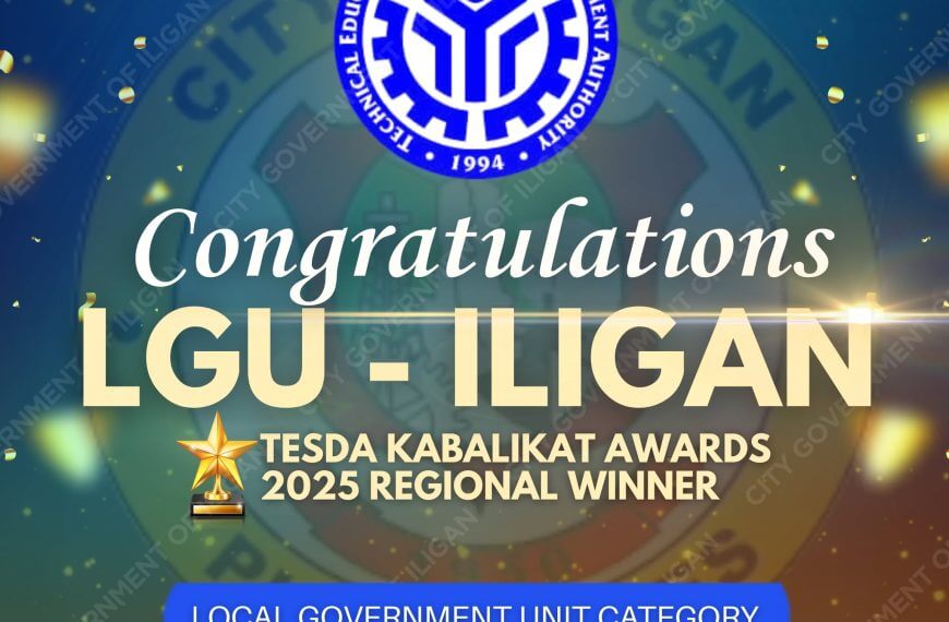 blue and gold graphic congratulating lgu iligan for winning the 2025 tesda kabalikat regional award.