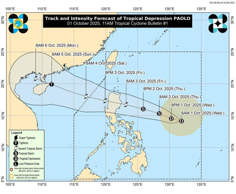 pagasa forecast map of tropical depression paolo’s path over the philippines, october 1–5, 2025. stay alert.