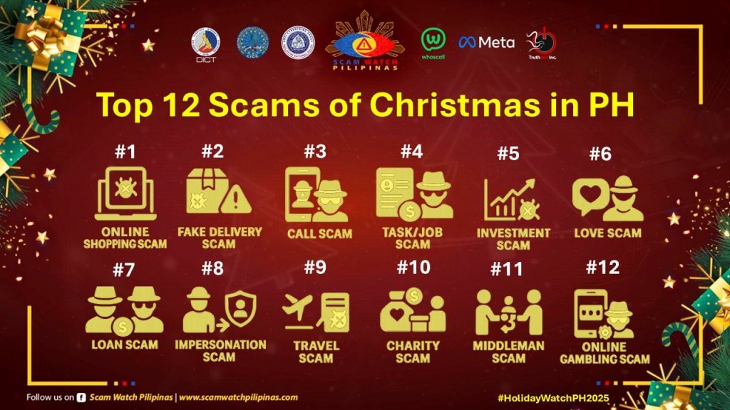 an infographic of the top 12 filipino christmas scams with festive icons&mdash;stay safe this holiday season!.
