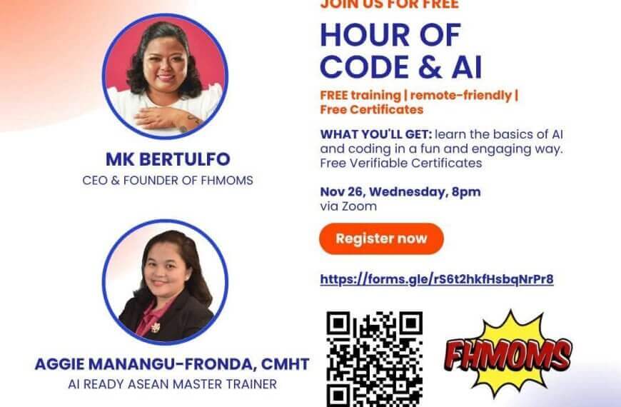 hour of code & ai event poster with speakers’ photos, event details, logos, and a registration link.