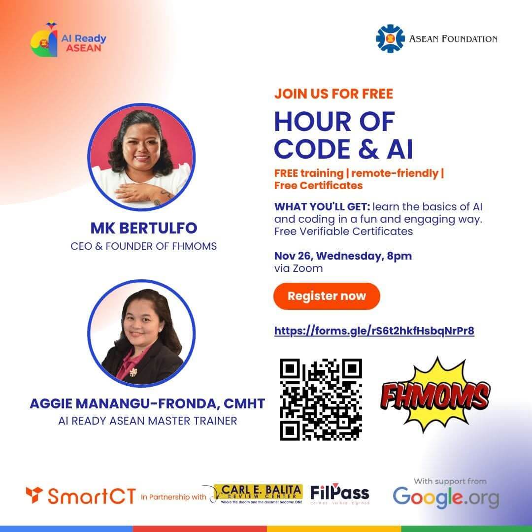 hour of code & ai event poster with speakers’ photos, event details, logos, and a registration link.