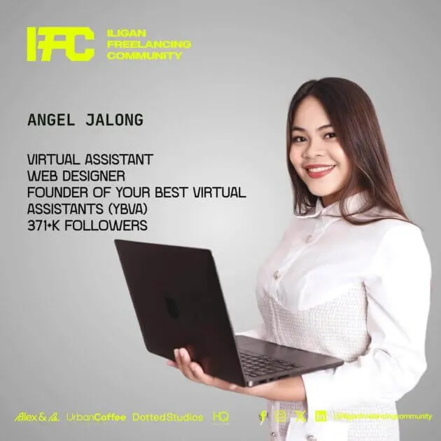 young woman in white blouse holding laptop, smiling; her credentials and ifc logo displayed on a light gray background.