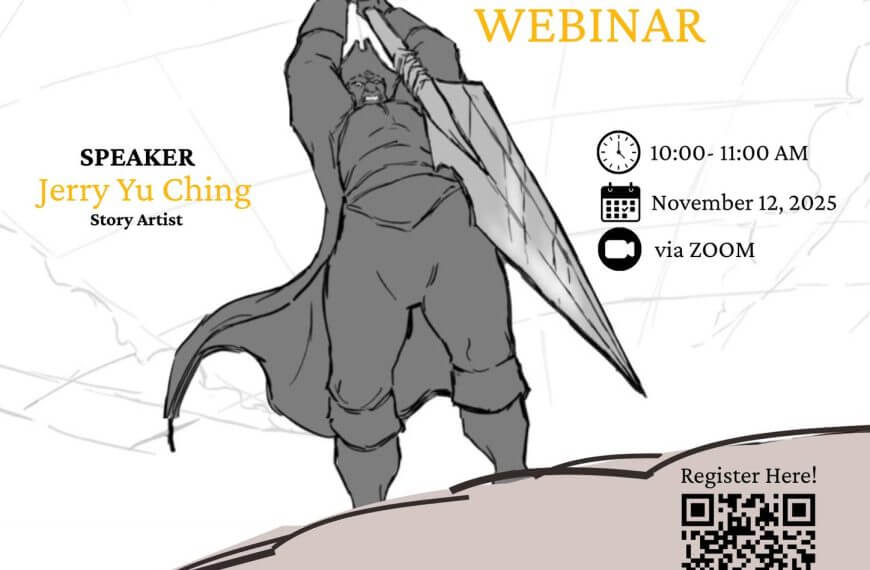 a grayscale poster of a warrior with a sword, promoting a free animation webinar for iligan digital artists.