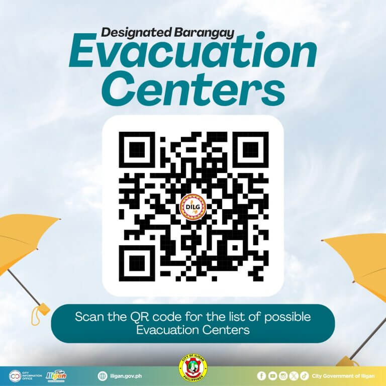 a qr code for a list of iligan barangay evacuation centers, with text and yellow umbrellas on the sides.