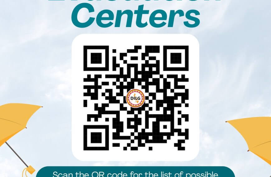 a qr code for a list of iligan barangay evacuation centers, with text and yellow umbrellas on the sides.