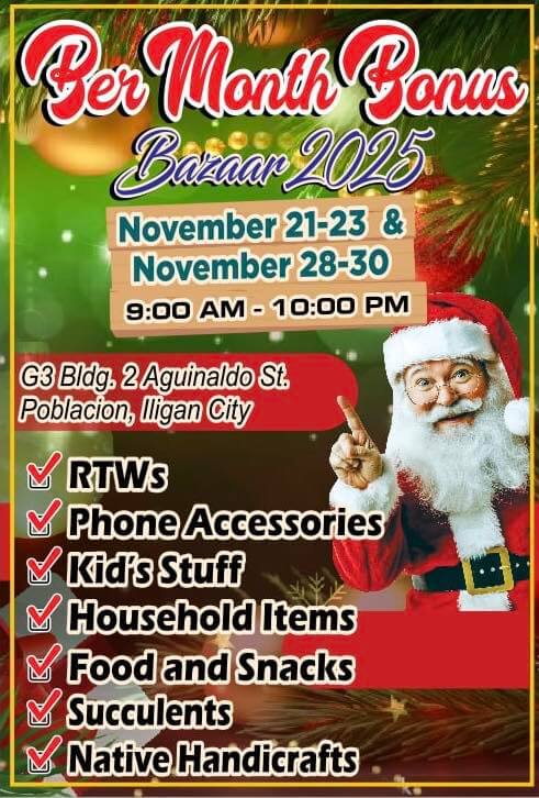 festive ber month bonus bazaar poster in iligan with santa, event dates, and a holiday rush checklist on green.
