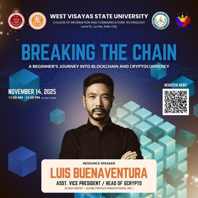 poster for a blockchain education seminar with luis buenaventura, featuring his photo and event details.