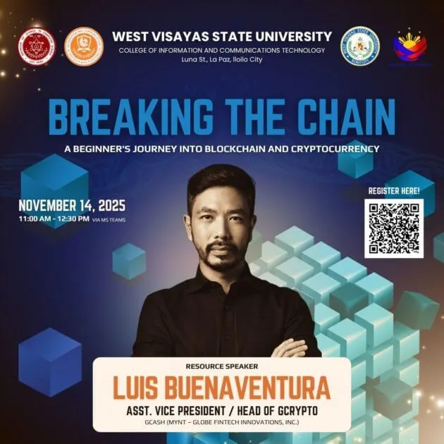 poster for a blockchain education seminar with luis buenaventura, featuring his photo and event details.