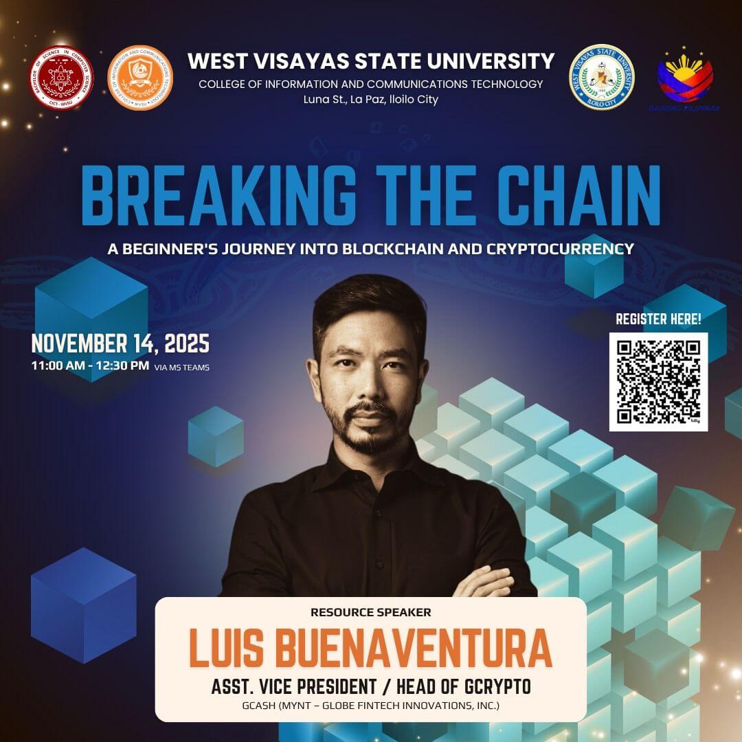 poster for a blockchain education seminar with luis buenaventura, featuring his photo and event details.