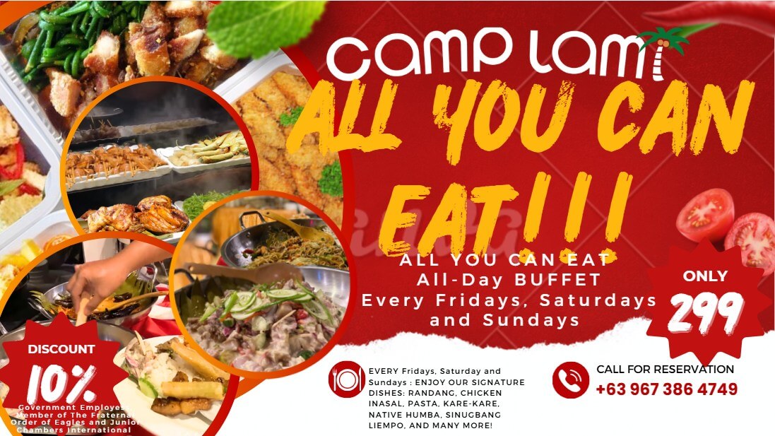 camp lami food house ₱299 all you can eat filipino buffet: dishes, fruits & more on a vibrant yellow red background.