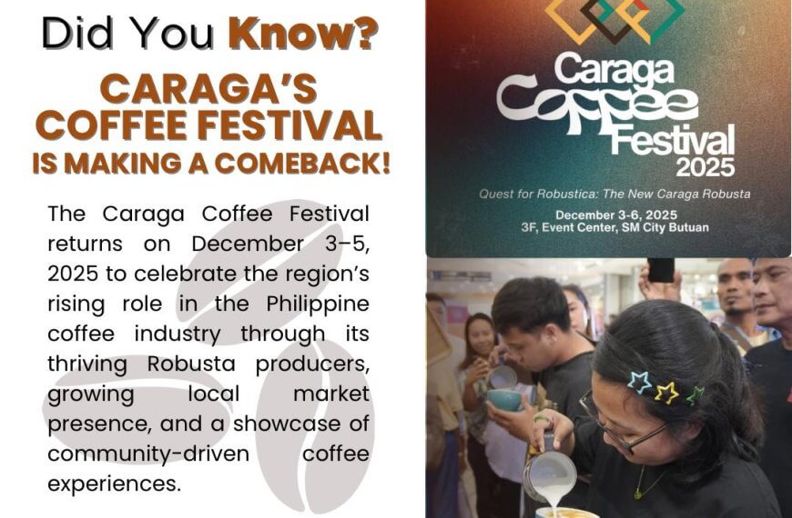 a woman smells coffee beans at the caraga coffee festival; local robusta producers’ event details appear beside her.