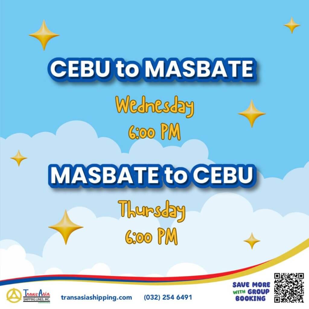 timetable for cebu masbate ferry: cebu to masbate wed 6pm, masbate to cebu thurs 6pm, with stars on blue sky.