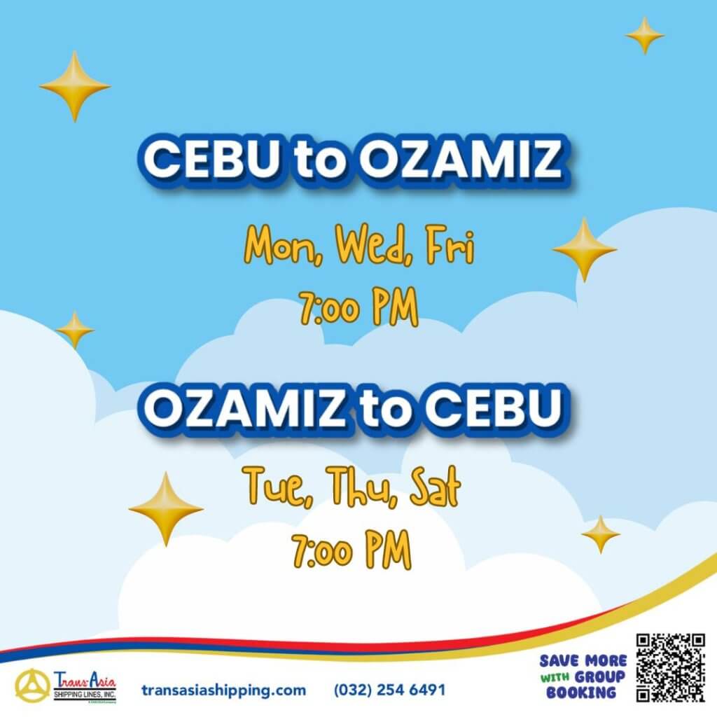 flight schedule graphic: cebu to ozamiz mon/wed/fri 7pm, ozamiz to cebu tue/thu/sat 7pm, with clouds and stars.
