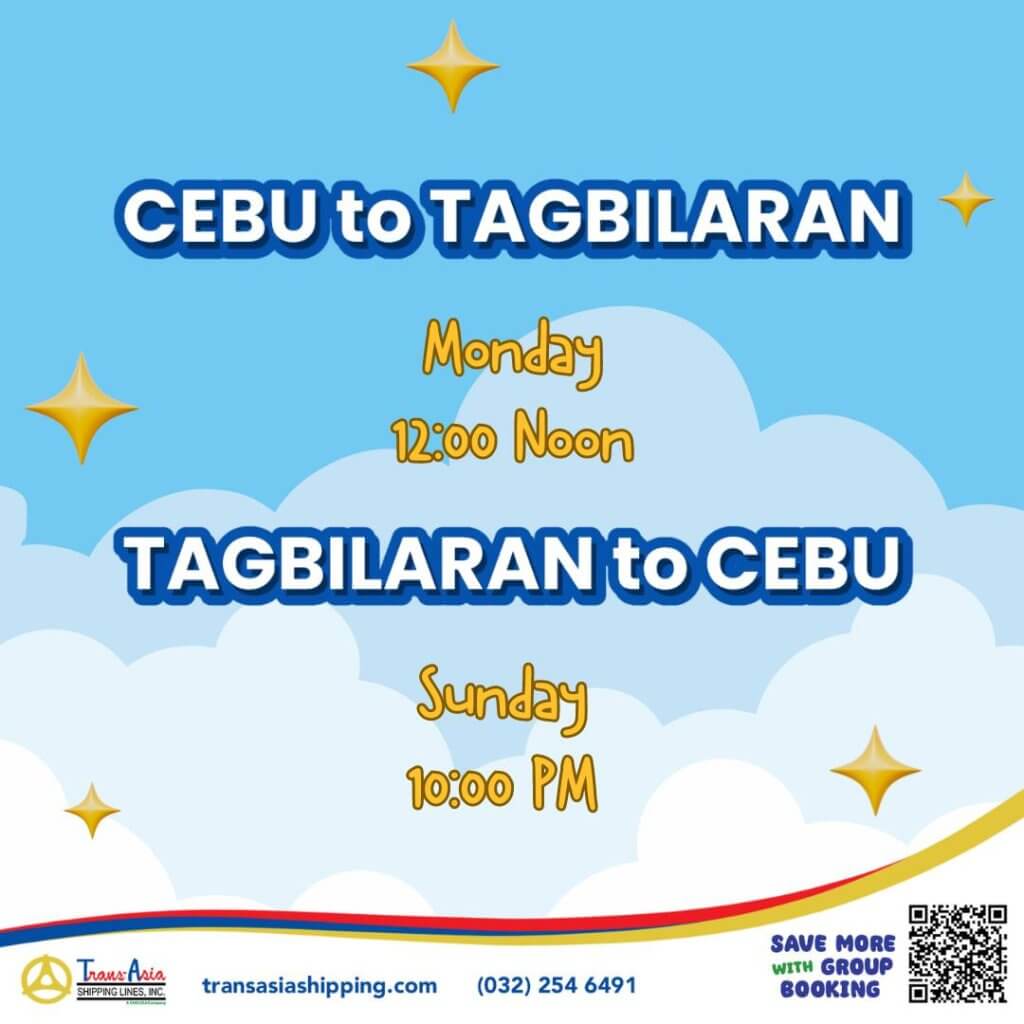 blue sky with clouds showing cebu tagbilaran trips: mon 12pm, tagbilaran cebu: sun 10pm.