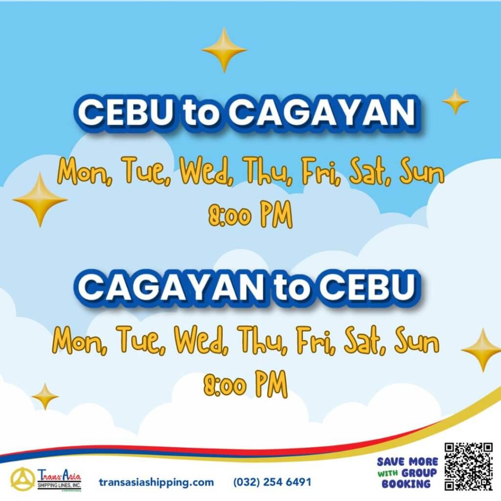 bright poster with flight times: cebu cagayan and cagayan cebu, daily at 8 pm, against a sky background.