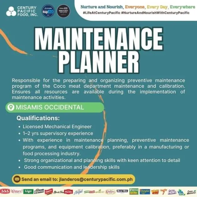 job posting for a maintenance planner at century pacific in misamis occidental—ideal for technical roles. email provided.