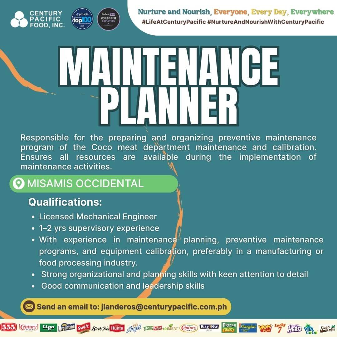 job posting for a maintenance planner at century pacific in misamis occidental—ideal for technical roles. email provided.