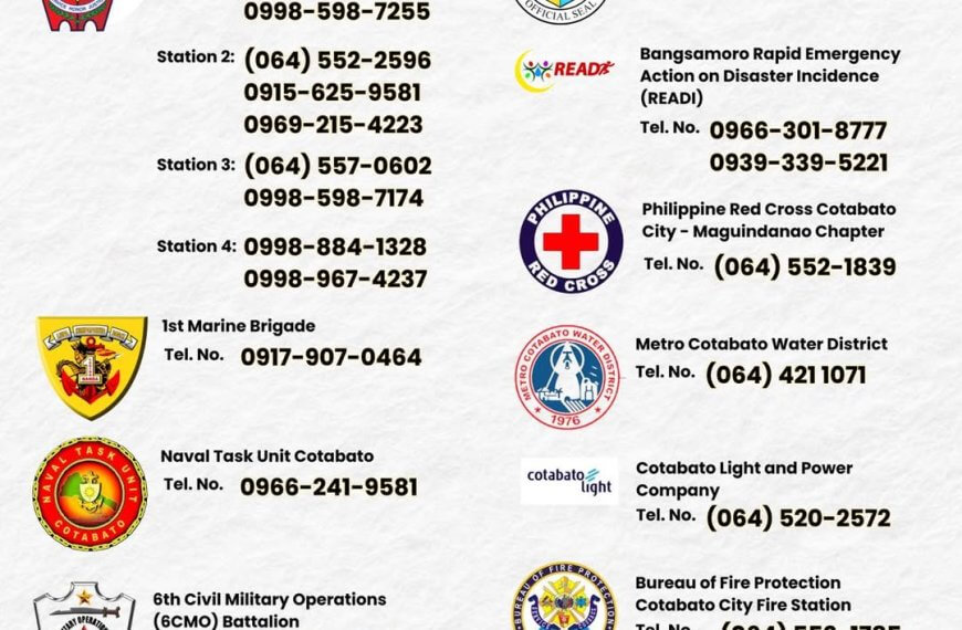 a poster lists cotabato citys official emergency hotlines with various agency logos and cartoon figures.