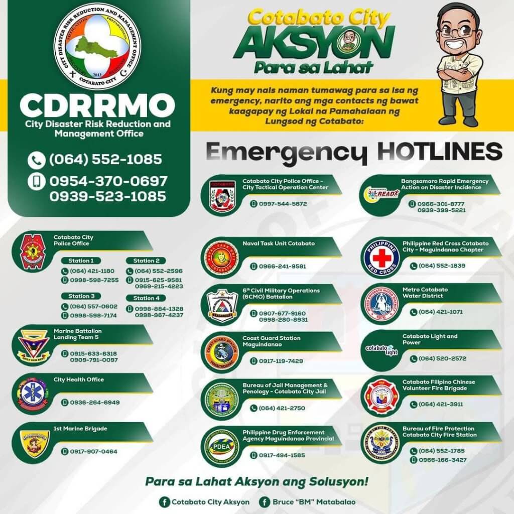 cotabato city emergency hotline poster with logos, 24/7 contact numbers, and action slogan in filipino.