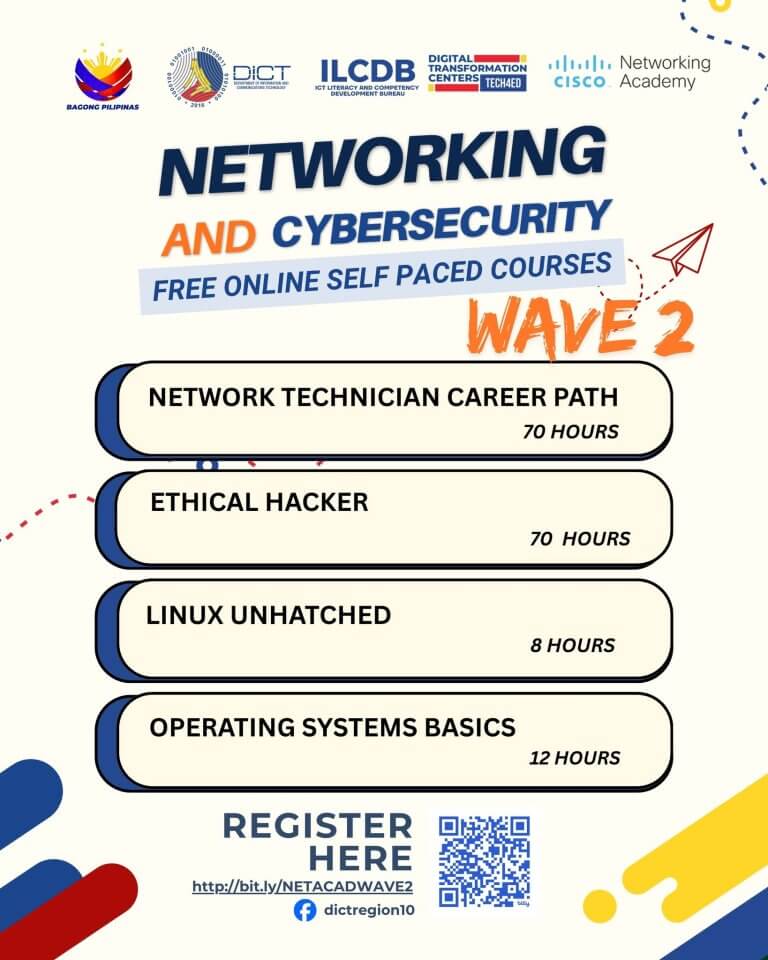 poster for iligan learners: free online networking and cybersecurity courses with four options and hours listed.