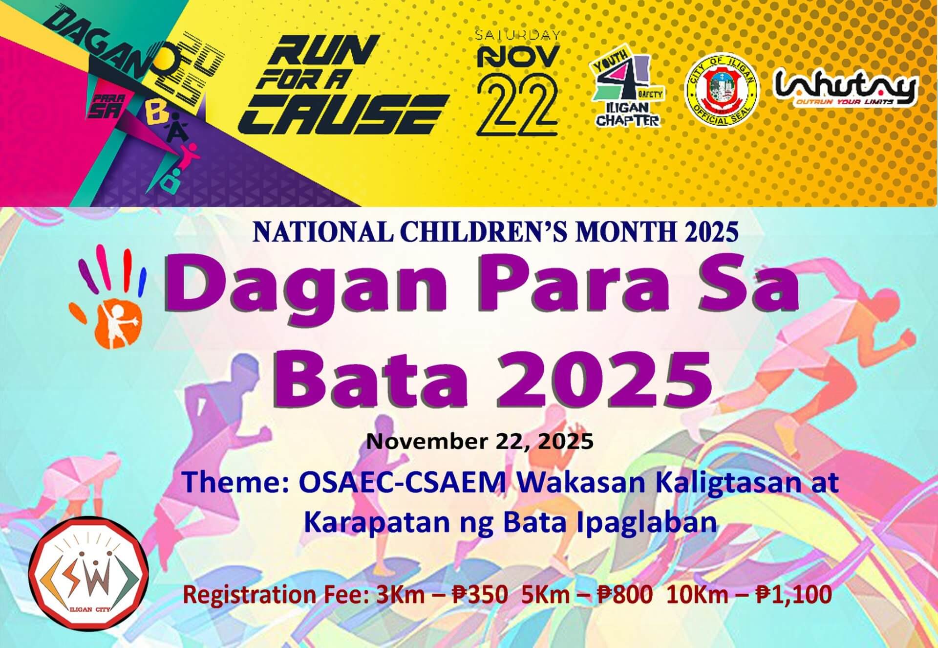colorful poster for dagan para sa bata 2025 run event, with date, theme, and registration details.
