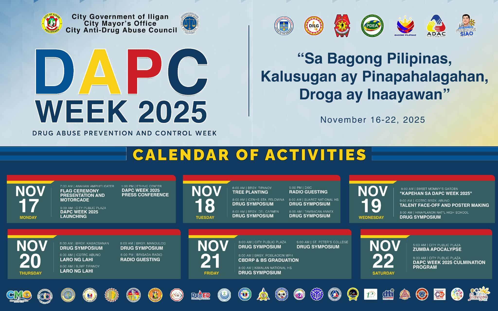 dacp week 2025 poster with schedules, logos, blue background, and calendar of anti drug events in iligan city.