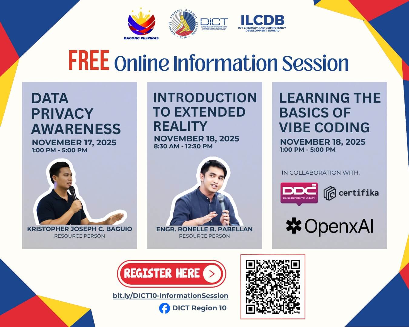 colorful iligan tech sessions poster with event titles, speaker photos, dates, times, and registration details.