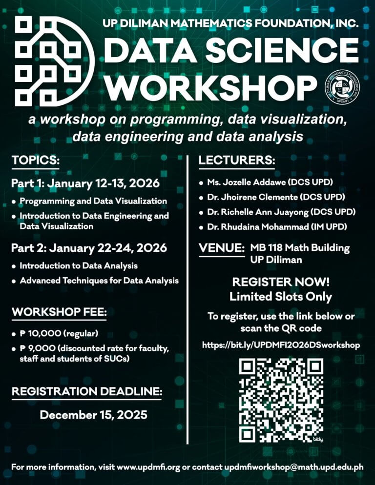 poster for a data science workshop with dates, topics, fees, qr code, and organizer contact info.