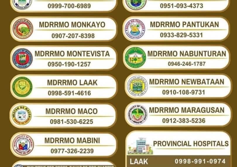 a directory showing davao de oro emergency hotline numbers for various municipalities and agencies.
