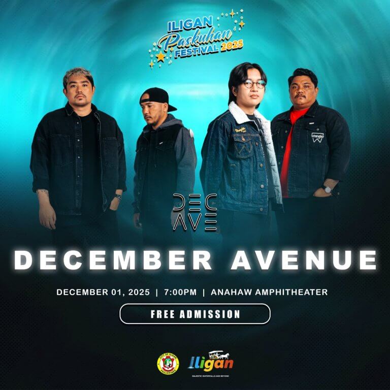 four men stand side by side on a blue lit poster for a december avenue concert at iligan festival 2025.
