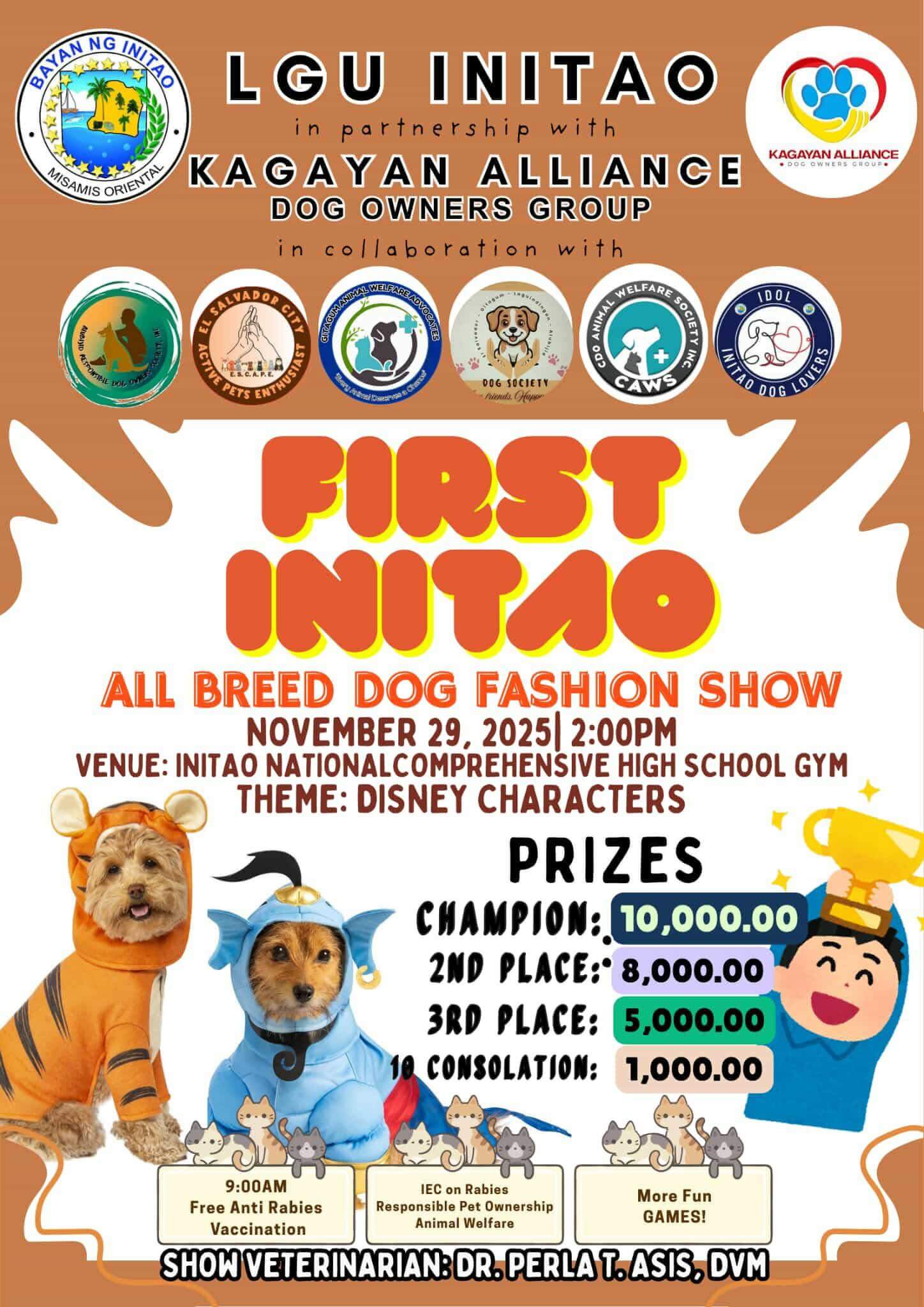 a poster for a dog fashion show, featuring dogs in disney costumes and contest prize details.