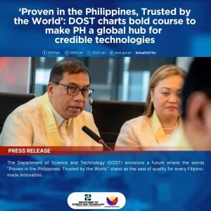 two dost officials, in formal barong tagalog, discuss filipino innovations at a press conference table.