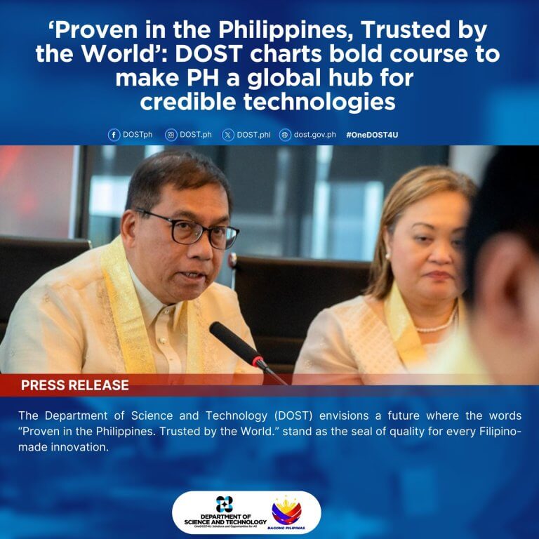 two dost officials, in formal barong tagalog, discuss filipino innovations at a press conference table.