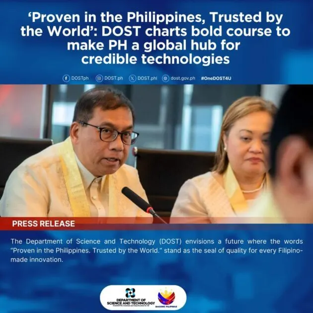 two dost officials, in formal barong tagalog, discuss filipino innovations at a press conference table.