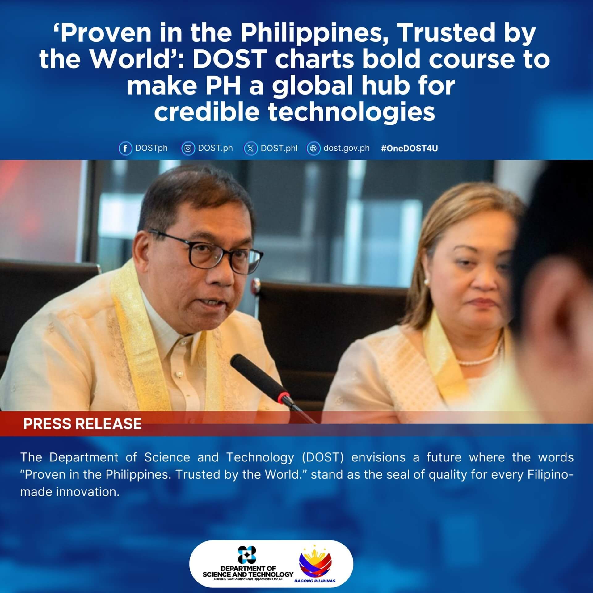 two dost officials, in formal barong tagalog, discuss filipino innovations at a press conference table.