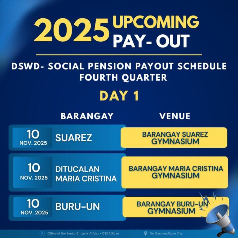 2025 pension payout schedule for three barangays by dswd iligan with dates, locations, and a megaphone graphic.