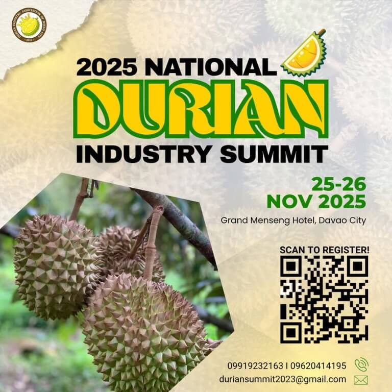 poster for the 2025 national durian industry summit with durians, dates, location, and a qr code for registration.