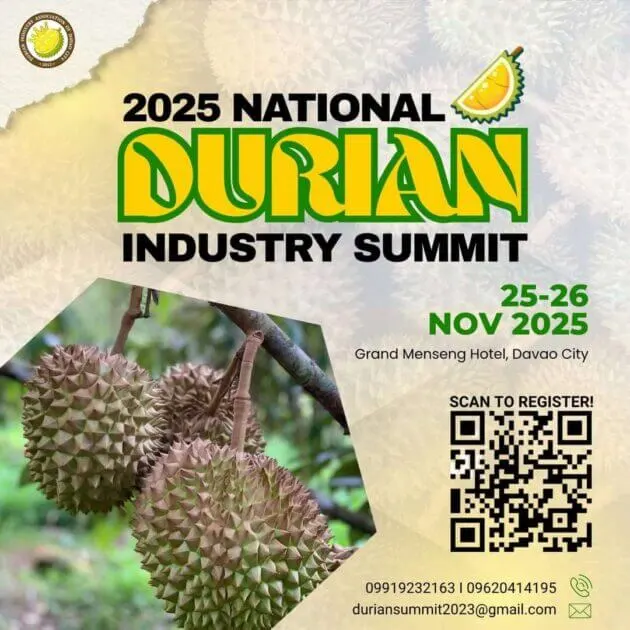 poster for the 2025 national durian industry summit with durians, dates, location, and a qr code for registration.
