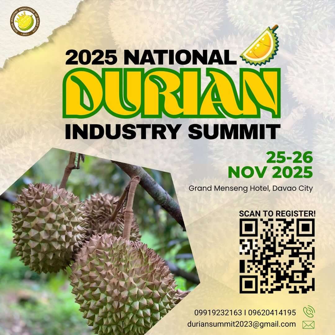 poster for the 2025 national durian industry summit with durians, dates, location, and a qr code for registration.
