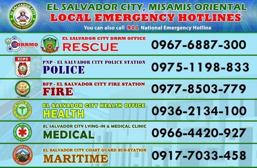 list of el salvador city, misamis oriental emergency hotlines and their phone numbers on a green blue background.