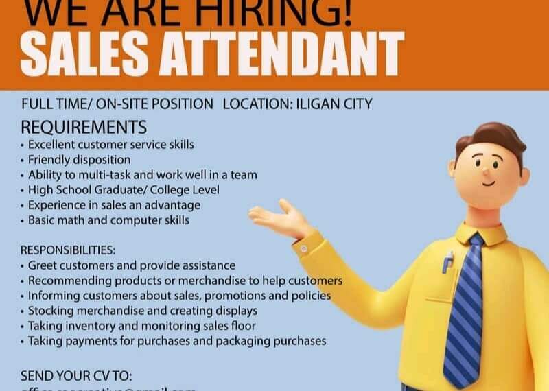 a cheerful man in business attire gestures beside a job ad for a sales attendant in iligan city.