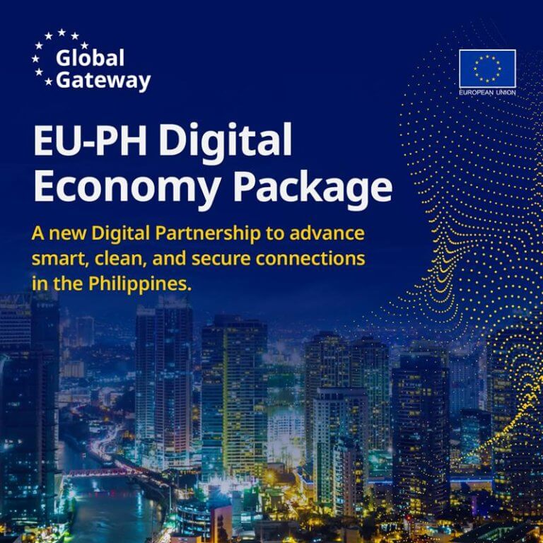 city skyline at night with text about the eu ph digital economy package for smart, secure connections in the philippines.