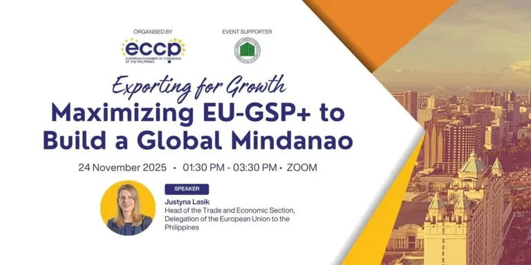 webinar banner: maximizing eu gsp+ to build a global mindanao, with event details and speaker photo.